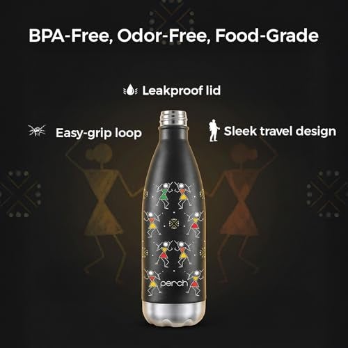 Perch Retro Hot & Cold Stainless Steel Water Bottle 980ml|Triple-Layer Vacuum Insulated 3D Printed Bottle|ISI Certified, Leakproof & BPA-Free Flask|Ideal Gift for Men, Women & Parents|Warli Art - Image 4