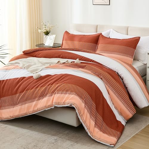 Litanika Litanika Burnt Orange Bed Comforter Full Size Set 3 Pieces Boho Terracotta Stripe Colorblock Soft Bedding Comforter Set Rust Fluffy Bed Set 79x90In Comforter  2 Pillowcases 