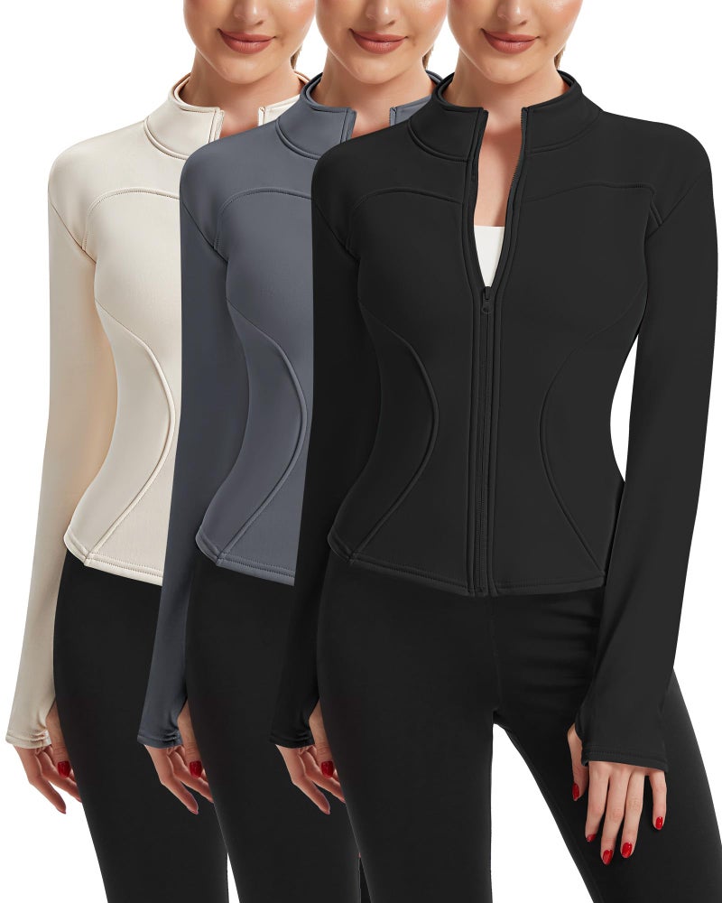 Simlakey 3 Pack Women's Fleeced Workout Jacket Zip Up Slim Fit Cropped Athletic Tops with Thumb Hole Winter Running Gym Yoga(Apricot, Dark Gray, Black,L) - Image 1