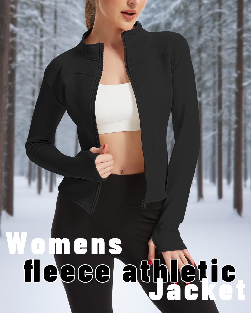 Simlakey 3 Pack Women's Fleeced Workout Jacket Zip Up Slim Fit Cropped Athletic Tops with Thumb Hole Winter Running Gym Yoga(Apricot, Dark Gray, Black,L) - Image 5