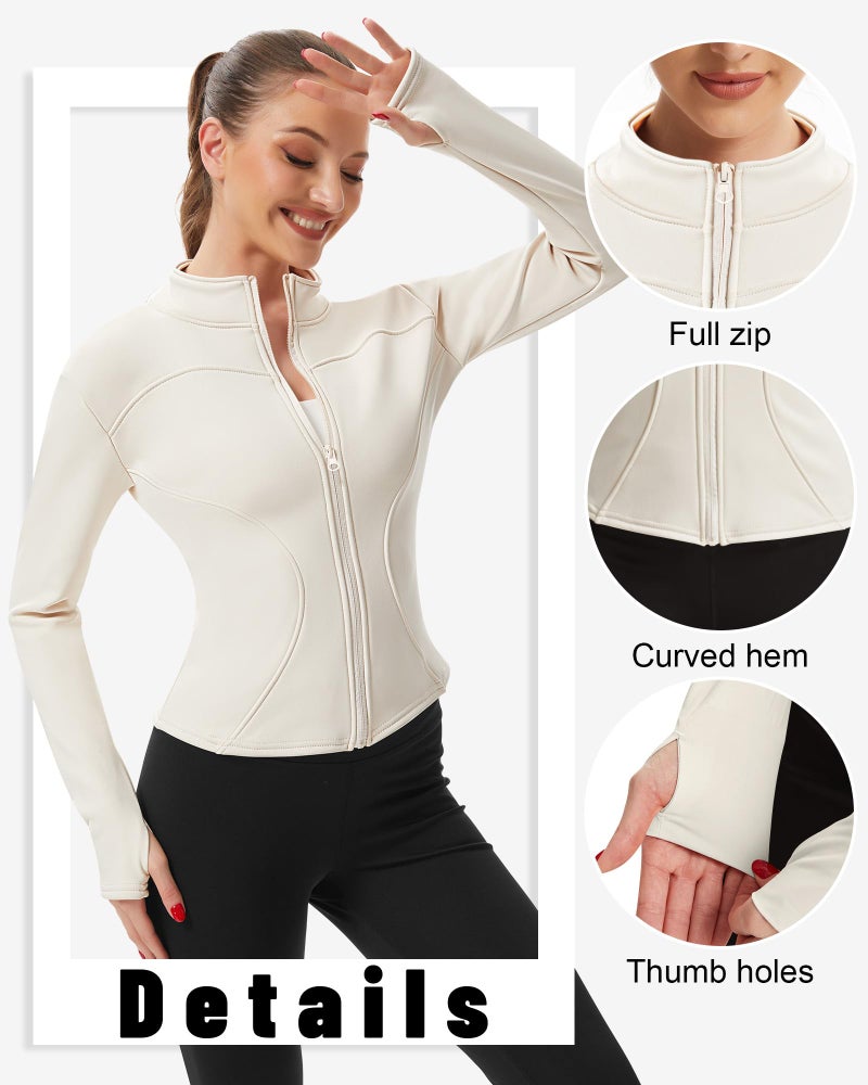 Simlakey 3 Pack Women's Fleeced Workout Jacket Zip Up Slim Fit Cropped Athletic Tops with Thumb Hole Winter Running Gym Yoga(Apricot, Dark Gray, Black,L) - Image 4