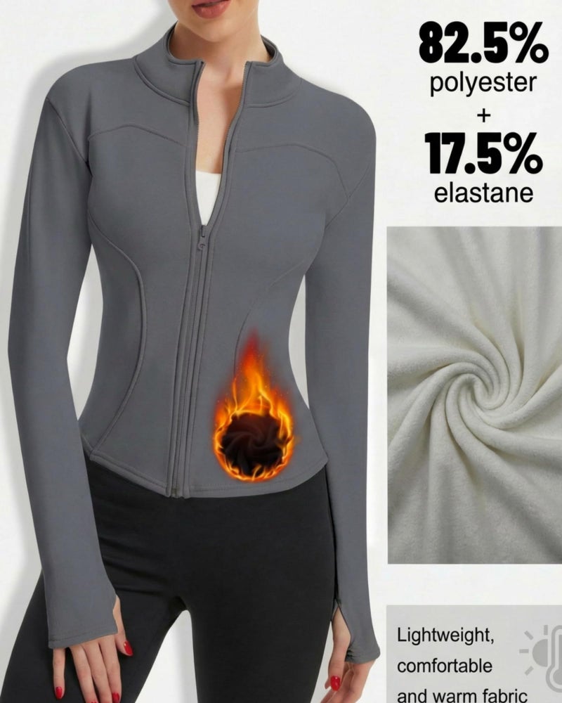 Simlakey 3 Pack Women's Fleeced Workout Jacket Zip Up Slim Fit Cropped Athletic Tops with Thumb Hole Winter Running Gym Yoga(Apricot, Dark Gray, Black,L) - Image 3