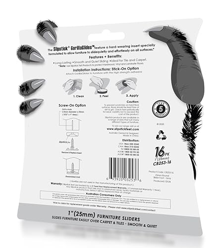 Slipstick GorillaGlides 1 Inch Chair Sliders/Furniture Floor Protectors (16 Furniture Glides) Self-Adhesive Screw On Chair Glides for Sliding on Low-Pile Carpet & Hard Surface Floors, Round - Image 4