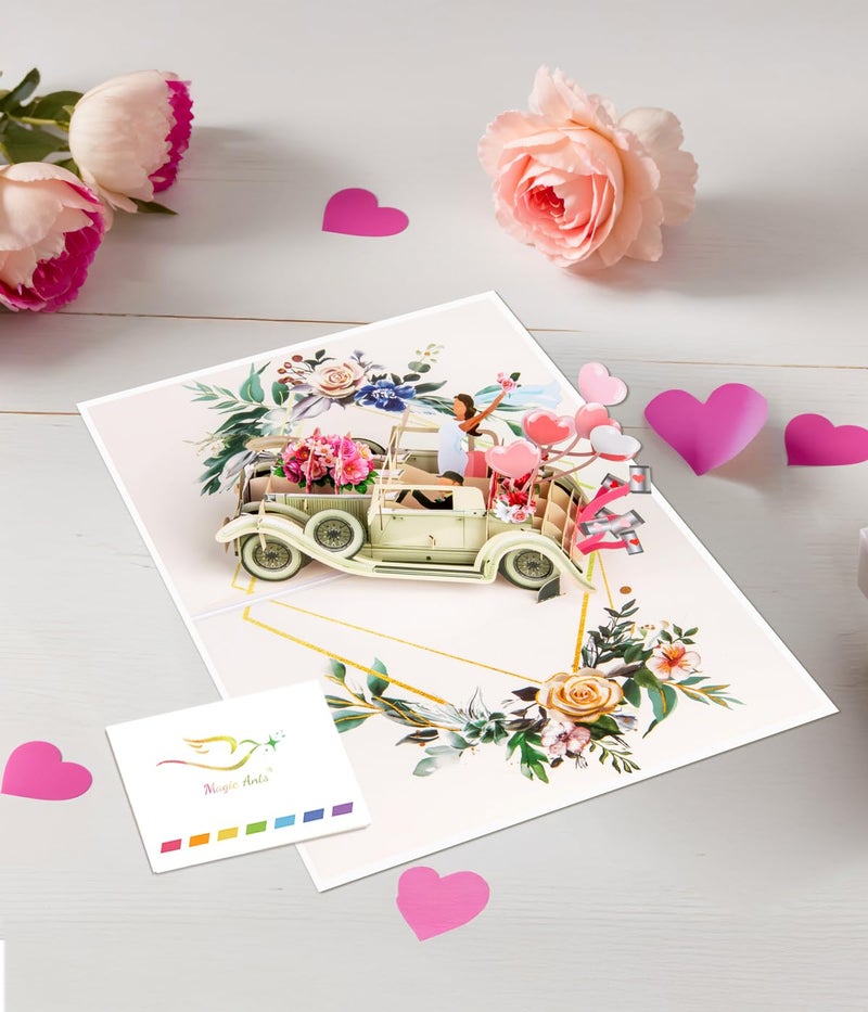 Magic Ants Just Married 3D Pop Up Wedding Card, Vintage Car with Floral Watercolor Cover, Romantic Card for Bride and Groom, Engagement, Bridal Shower, Newlyweds, Wedding Congratulations - Image 5