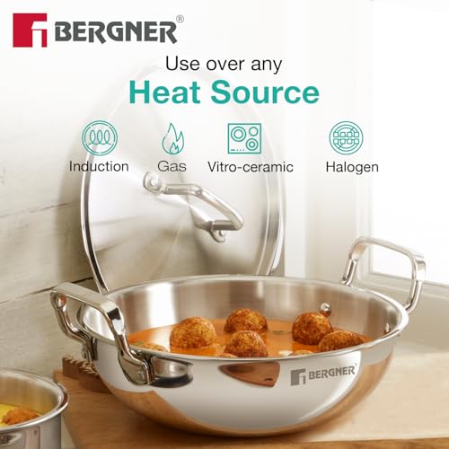 Bergner TriPro 4 Pcs Tri-Ply Stainless Steel Cookware Combo - 24cm/3L Kadai with Stainless Steel Lid, 16cm/1.7L Teapan and 12cm/500ml Tadka Pan, Consumes Less Oil, Healthy Cooking - Induction Bottom - Image 4