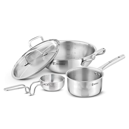 Bergner TriPro 4 Pcs Tri-Ply Stainless Steel Cookware Combo - 24cm/3L Kadai with Stainless Steel Lid, 16cm/1.7L Teapan and 12cm/500ml Tadka Pan, Consumes Less Oil, Healthy Cooking - Induction Bottom - Image 1