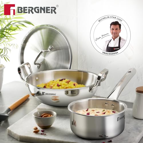 Bergner TriPro 4 Pcs Tri-Ply Stainless Steel Cookware Combo - 24cm/3L Kadai with Stainless Steel Lid, 16cm/1.7L Teapan and 12cm/500ml Tadka Pan, Consumes Less Oil, Healthy Cooking - Induction Bottom - Image 2