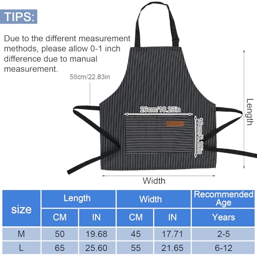 XLSXEXCL 2 Pack Stripes Kids Apron Kids Cooking Aprons with 2 Pockets Cute Aprons for Cooking for Boys and Girls BlackGrey 45x50cm - Image 3