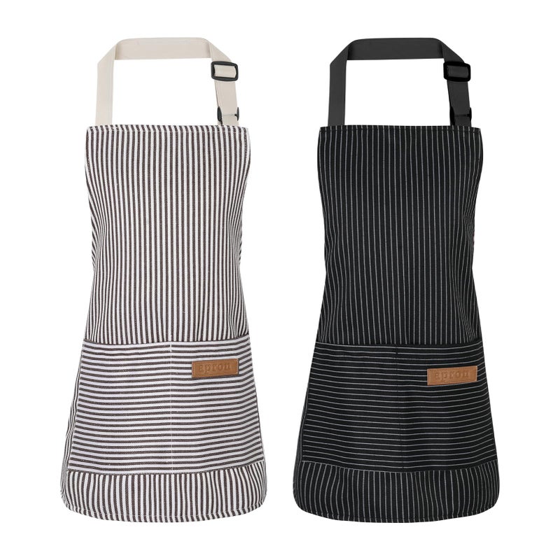 XLSXEXCL 2 Pack Stripes Kids Apron Kids Cooking Aprons with 2 Pockets Cute Aprons for Cooking for Boys and Girls BlackGrey 45x50cm - Image 2