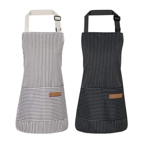 XLSXEXCL 2 Pack Stripes Kids Apron Kids Cooking Aprons with 2 Pockets Cute Aprons for Cooking for Boys and Girls BlackGrey 45x50cm - Image 1