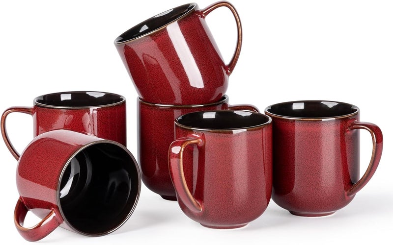 LERATIO 12OZ Ceramic Coffee Mugs Set of 6, Large Porcelain Coffee Cups With Large Handle For Latte,Cappuccino,Milk,Cocoa,|Dishwasher&Microwave Safe Mug Sets,Ideal for Man,Woman,Dad, Mom-Red - Image 1