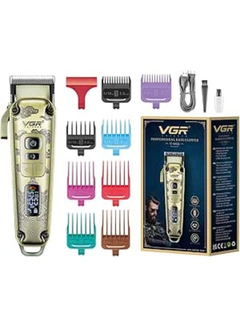 ماكينة قص الشعر V-005 الفاخرة ذات الهيكل المعدني وشاشة عرض LED، شفرة معدنية مسحوقة 5500-7000 دورة في الدقيقة محرك بأربع سرعات زر اختبار تلقائي شحن USB 4 ذراع مخروطي قابل للتعديل 8 أمشاط توجيه وقت التشغيل 250 دقيقة، V-005