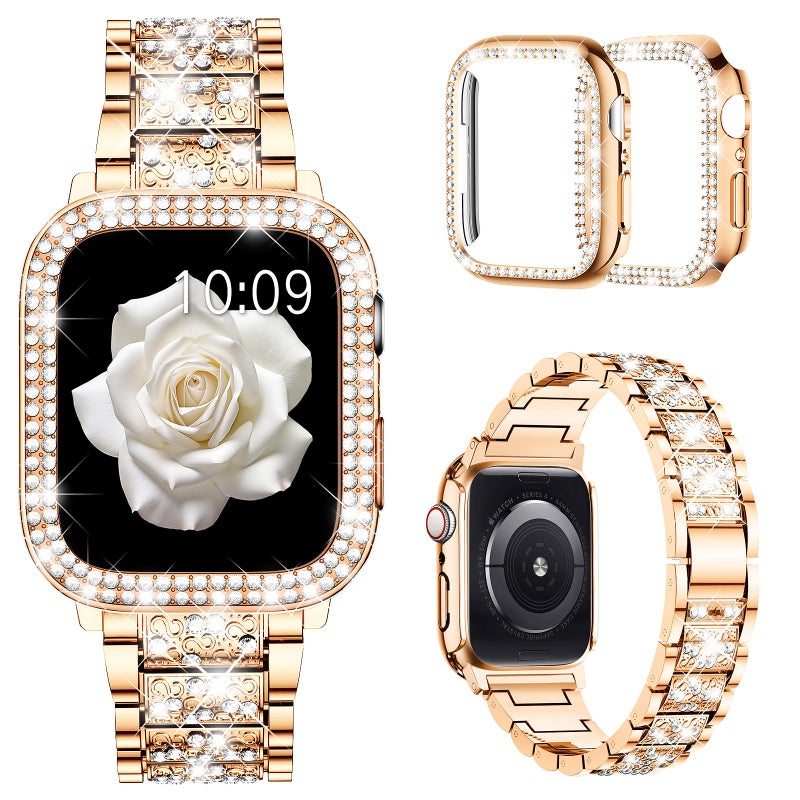 Mosonio Compatible with Apple Watch Band 42mm S11S10 with Case Women Jewelry Replacement Metal Wristband with 2 Pack Bling PC Protective Cover for iWatch Series 111042mmRose Gold - Image 2