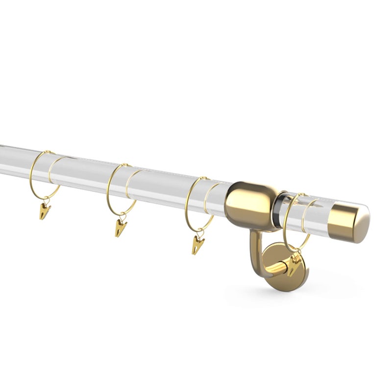 Coocure 8FT acrylic curtain rod set for 96"windows, 1 1/2" diameter clear acrylic curtain rod with twenty curtain rings. Three gold yellow wall mounted brackets. Modern & clear look. - Image 1