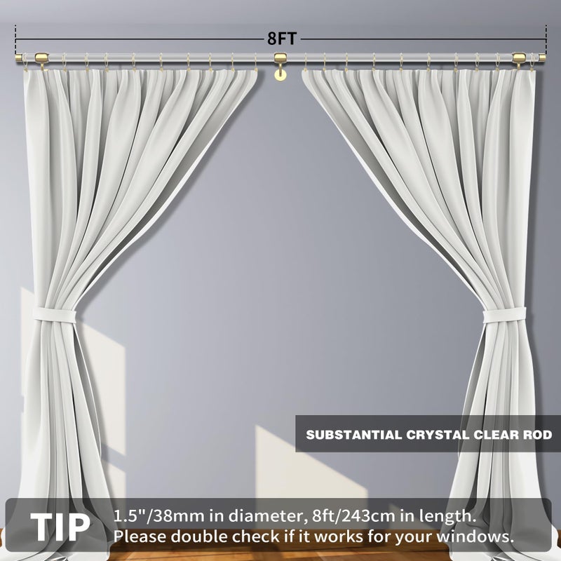 Coocure 8FT acrylic curtain rod set for 96"windows, 1 1/2" diameter clear acrylic curtain rod with twenty curtain rings. Three gold yellow wall mounted brackets. Modern & clear look. - Image 5