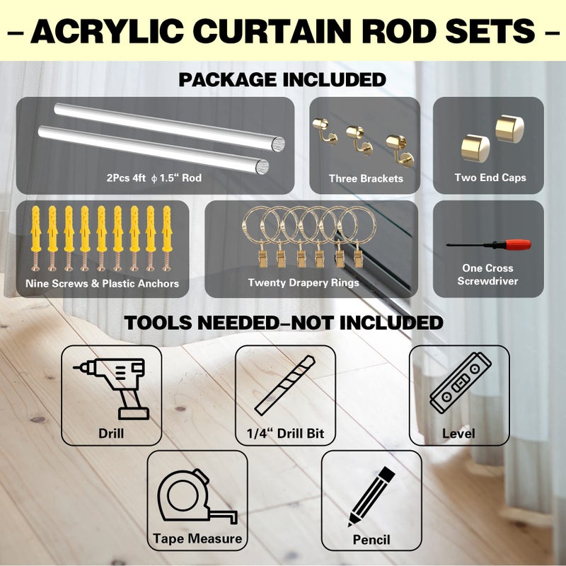 Coocure 8FT acrylic curtain rod set for 96"windows, 1 1/2" diameter clear acrylic curtain rod with twenty curtain rings. Three gold yellow wall mounted brackets. Modern & clear look. - Image 4