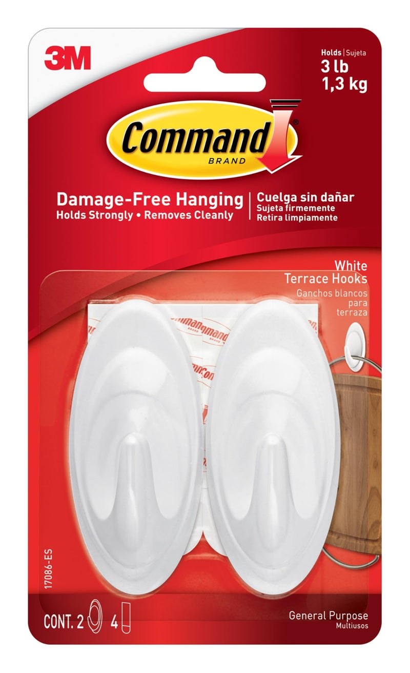 Command Indoor Terrace Hooks 2 Hooks and 4 Strips DamageFree Hanging Wall Hooks with Adhesive Strips No Tools Adhesive Hooks for Hanging Christmas Decorations Holds up to 3 lb