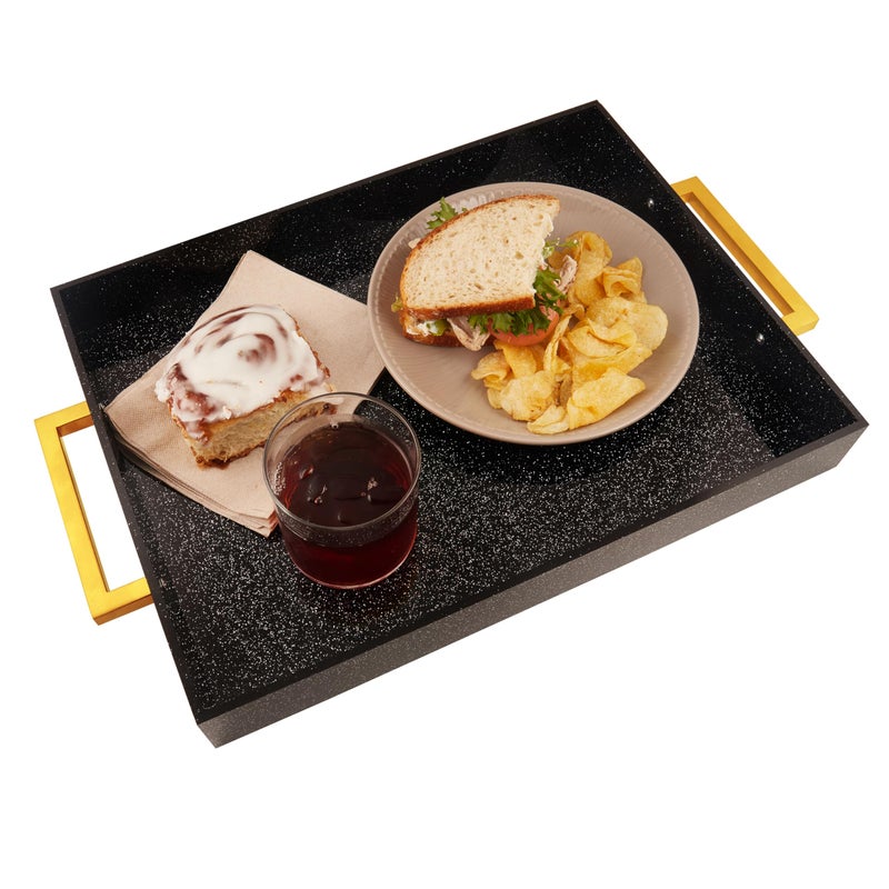 Acrylic Serving Tray with Gold Handles 16 x 12 Decorative Tray for Coffee Table SpillProof Food and Drink Server Multipurpose for Ottoman Kitchen Vanity Countertop Party Use Black Glitter