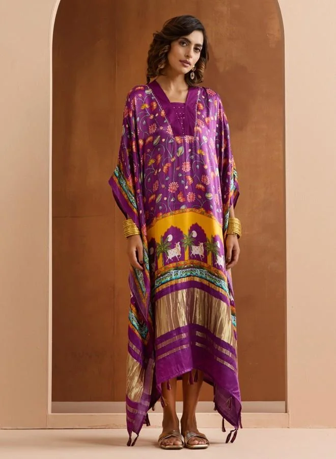 ISHIN Women's Purple Rayon Embroidered Knee Length Smock Straight Fit Dress
