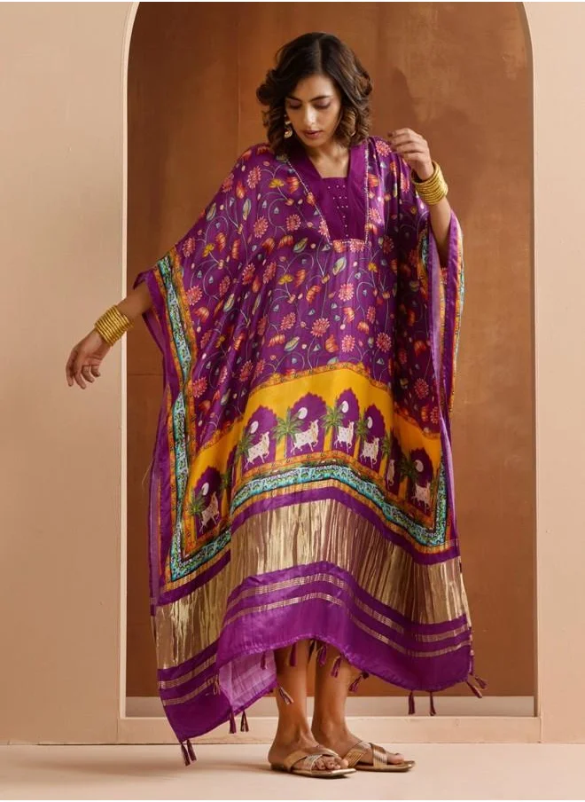 ISHIN Elegant Women Purple Rayon Dress with Embroidered pattern and features a Round neckline and Three-Fourth Sleeve secured with closure and styled in Straight Fit ideal for Festive moments — perfect for fashion-forward occasions.
