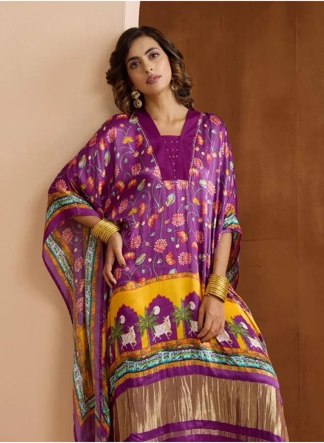 ISHIN Elegant Women Purple Rayon Dress with Embroidered pattern and features a Round neckline and Three-Fourth Sleeve secured with closure and styled in Straight Fit ideal for Festive moments — perfect for fashion-forward occasions.