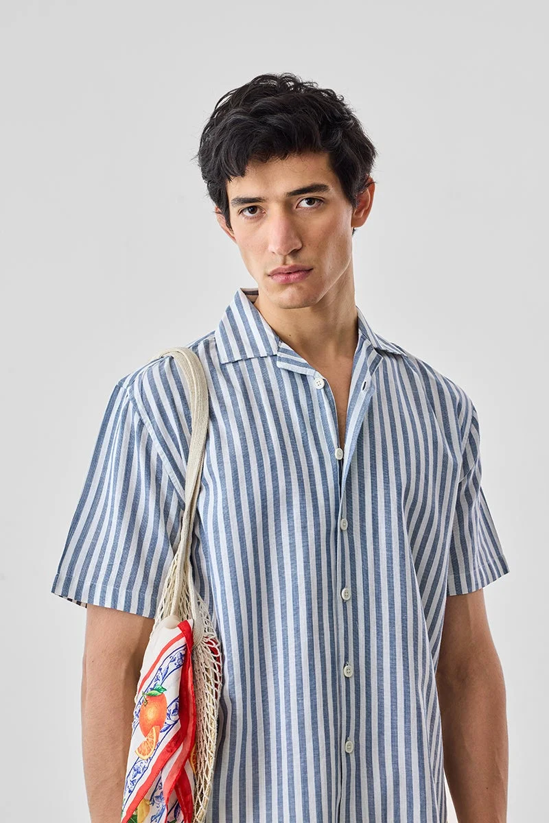 سنيتش قميص مخطط بقصة عادية من مزيج الكتان