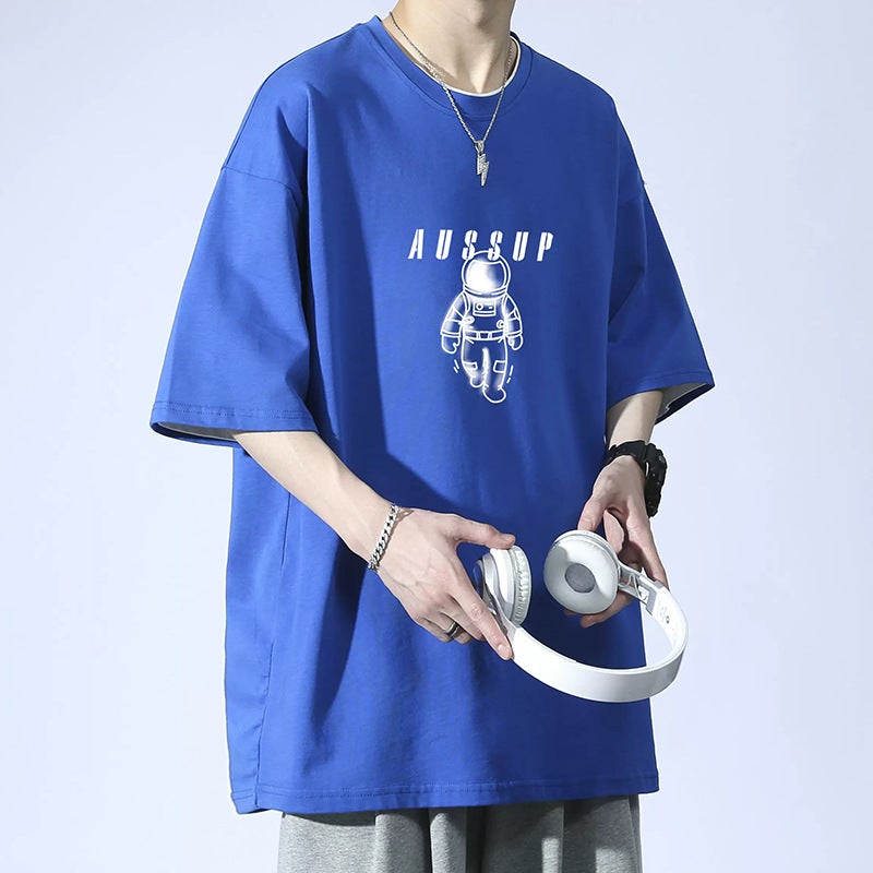 2024 Summer Short-sleeved T-shirt Mens Loose Trendy Ins Hong Kong Style All-match T-shirt Top Plus Size Half-sleeve Top for Chubby Because of blue T140 small airline 