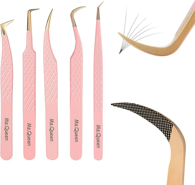 MsQueen Lash Tweezers For Eyelash Extensions5Pcs Professional Fiber Tip Grip Curved 45 90 Degree Boot Volume Tweezers Set