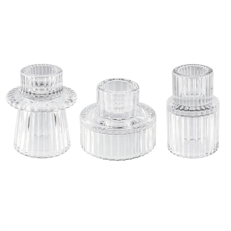 ECHFSM Double Sided Vintage Ribbed Taper Glass Candle Holders,Tea Candle Holder for Table Centerpieces, Wedding Decorations and Dinner Parties (Clear, 3 PCS) - Image 1
