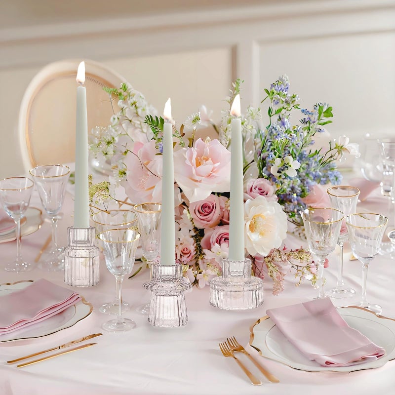 ECHFSM Double Sided Vintage Ribbed Taper Glass Candle Holders,Tea Candle Holder for Table Centerpieces, Wedding Decorations and Dinner Parties (Clear, 3 PCS) - Image 5