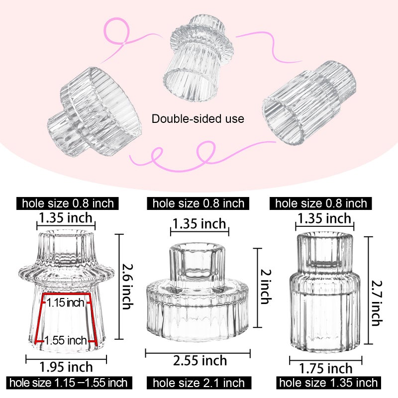ECHFSM Double Sided Vintage Ribbed Taper Glass Candle Holders,Tea Candle Holder for Table Centerpieces, Wedding Decorations and Dinner Parties (Clear, 3 PCS) - Image 2