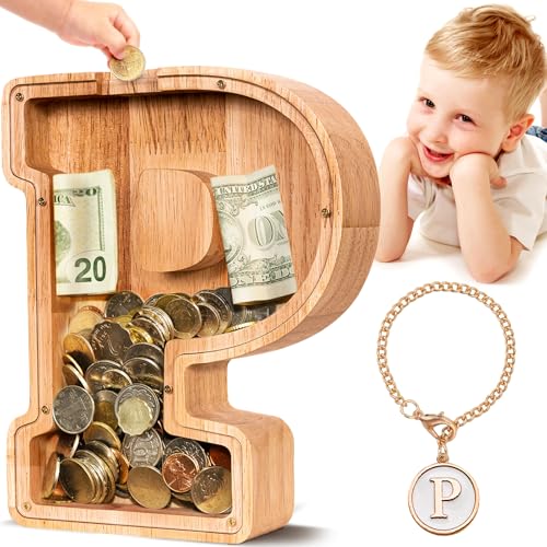 SummiDate Wooden Letter Piggy Bank for Kids Piggy Bank for Boys Girls Toddler Alphabet P Money Bank Personalized Initial Wood Coin Bank Birthday for Kids P - Image 1