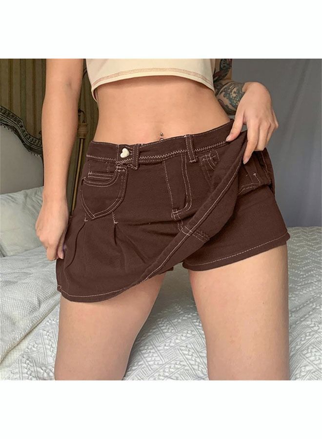 NIBEMINENT Women's Fashion Denim Skirt Built in Shorts at Pleated Hem Y2K High Waist A Line Mini  - Image 1