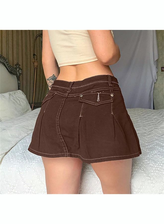 NIBEMINENT Women's Fashion Denim Skirt Built in Shorts at Pleated Hem Y2K High Waist A Line Mini  - Image 3