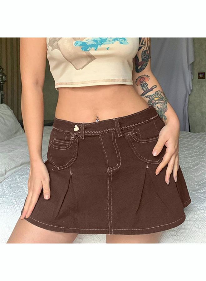 NIBEMINENT Women's Fashion Denim Skirt Built in Shorts at Pleated Hem Y2K High Waist A Line Mini  - Image 2