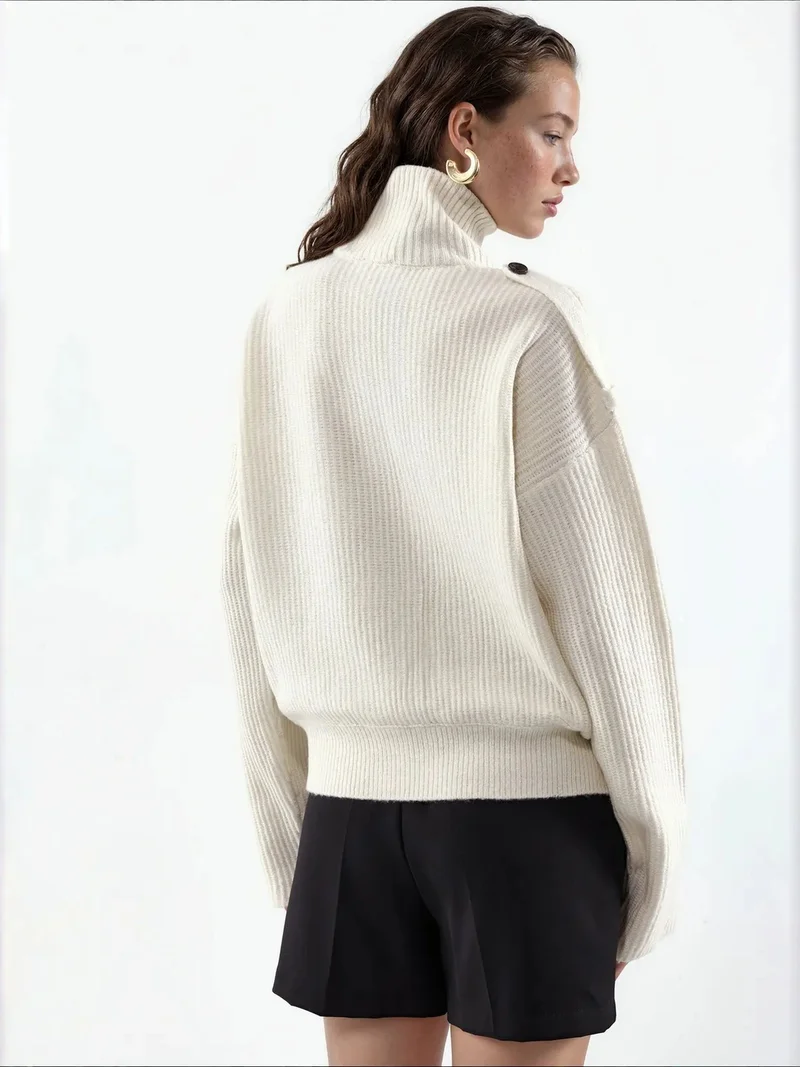 فيورنا VIORNA Ribbed Half-Turtleneck Button Cardigan