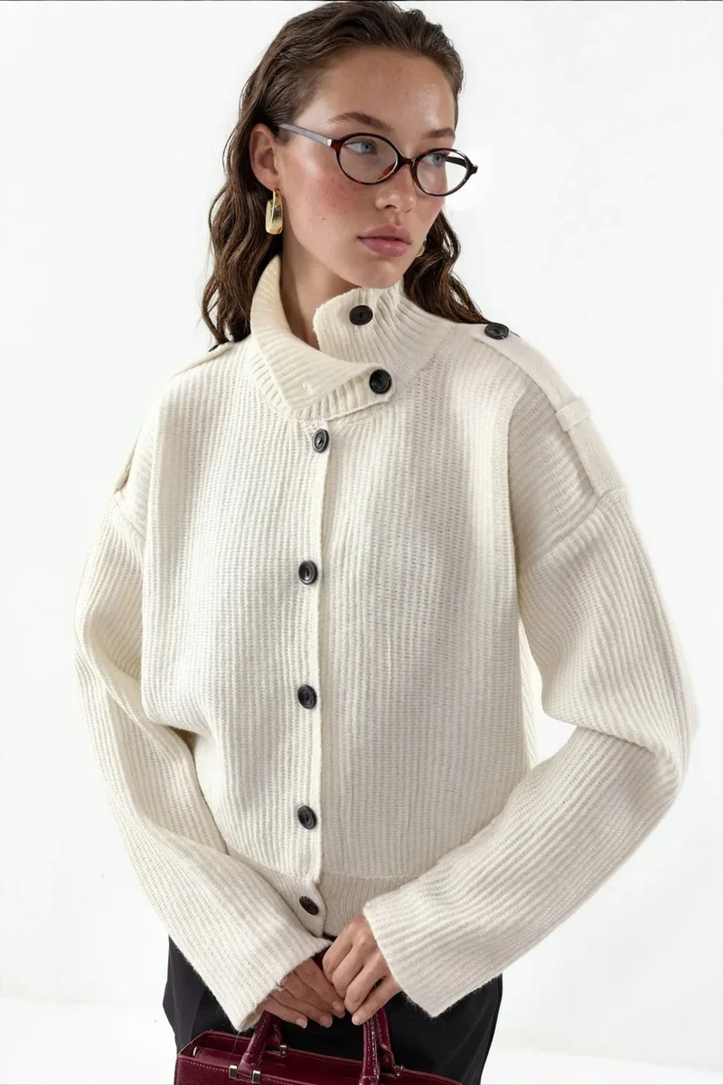 Viorna VIORNA Ribbed Half-Turtleneck Button Cardigan
