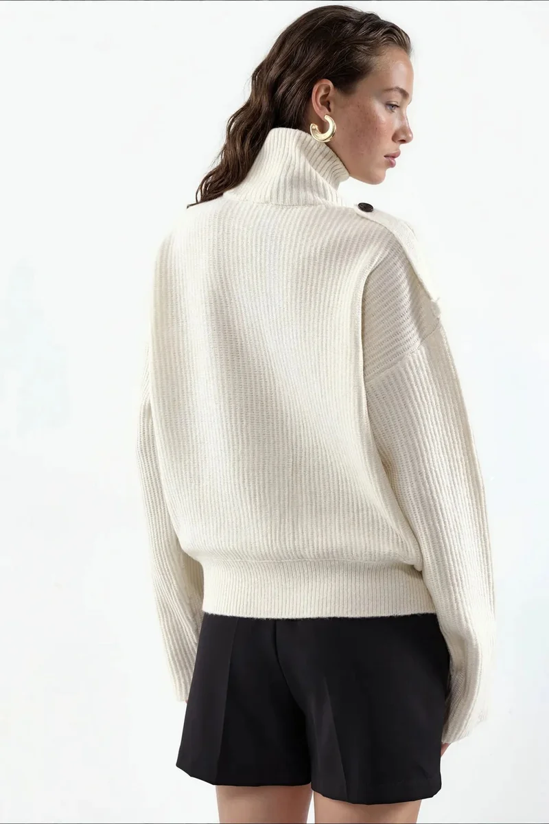 Viorna VIORNA Ribbed Half-Turtleneck Button Cardigan