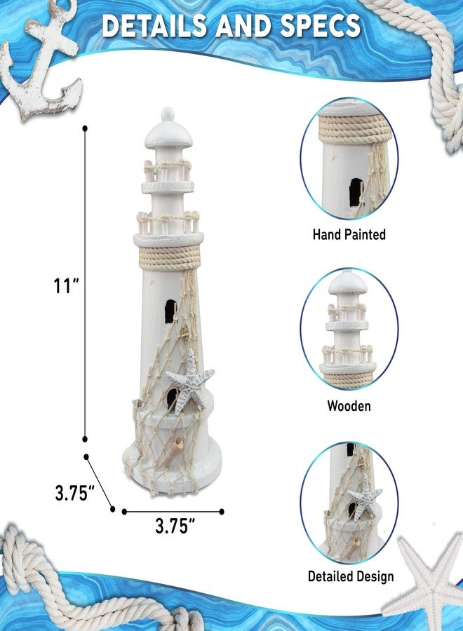 Puzzled White Wooden Lighthouse Decor - Handcrafted Nautical Lighthouse Table Top Decor, Lighthouse Sea Decorations for Home with Small Starfish Nautical Net, and Seashell Ocean Trinkets - 11 Inches - Image 2