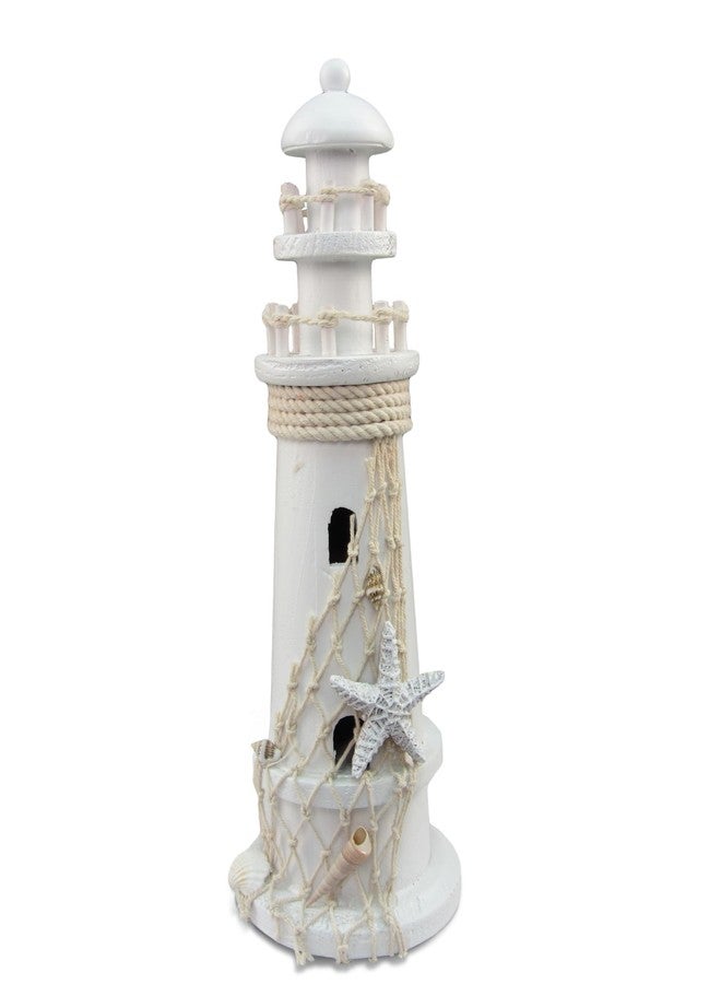 Puzzled White Wooden Lighthouse Decor - Handcrafted Nautical Lighthouse Table Top Decor, Lighthouse Sea Decorations for Home with Small Starfish Nautical Net, and Seashell Ocean Trinkets - 11 Inches - Image 1