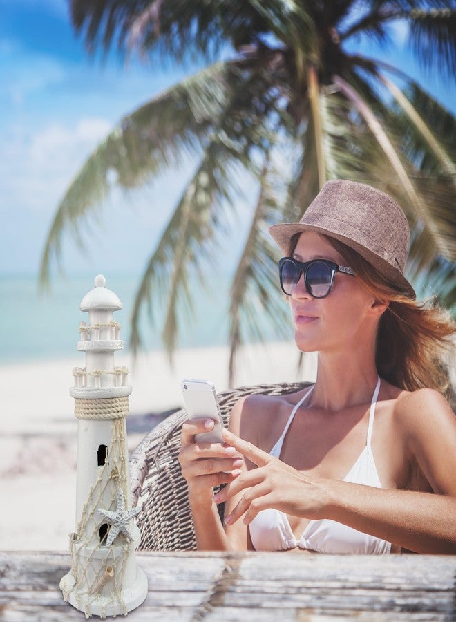 Puzzled White Wooden Lighthouse Decor - Handcrafted Nautical Lighthouse Table Top Decor, Lighthouse Sea Decorations for Home with Small Starfish Nautical Net, and Seashell Ocean Trinkets - 11 Inches - Image 4