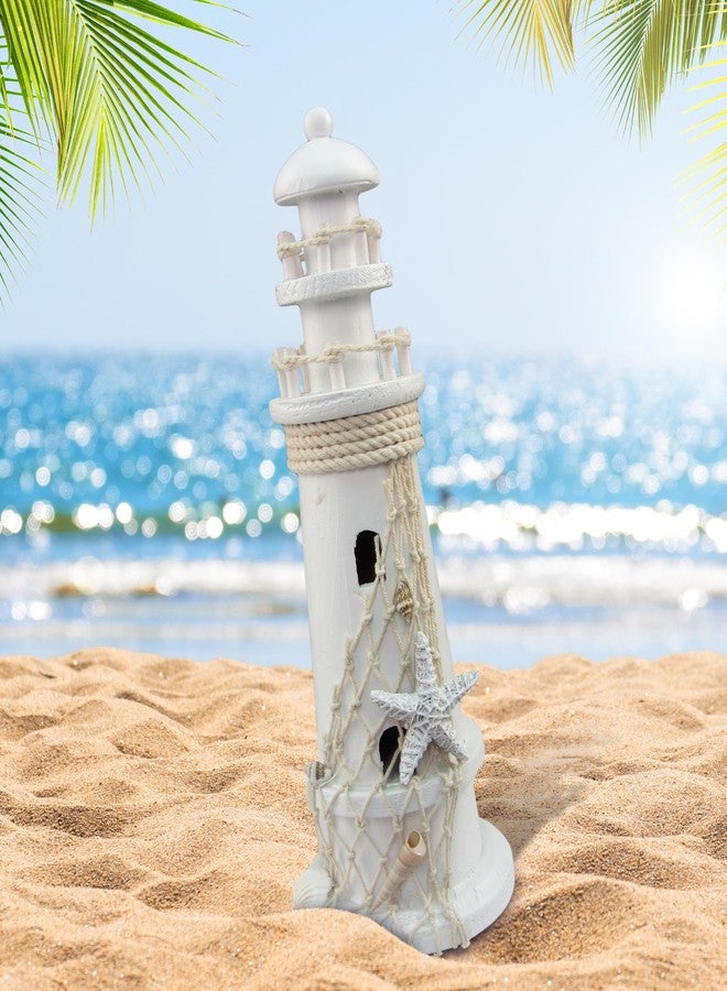 Puzzled White Wooden Lighthouse Decor - Handcrafted Nautical Lighthouse Table Top Decor, Lighthouse Sea Decorations for Home with Small Starfish Nautical Net, and Seashell Ocean Trinkets - 11 Inches - Image 5