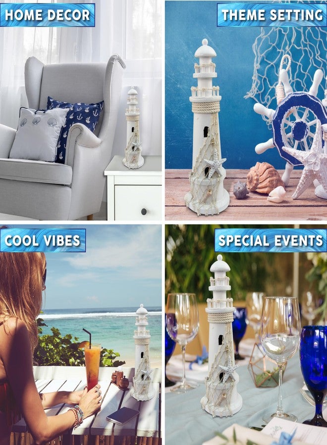 Puzzled White Wooden Lighthouse Decor - Handcrafted Nautical Lighthouse Table Top Decor, Lighthouse Sea Decorations for Home with Small Starfish Nautical Net, and Seashell Ocean Trinkets - 11 Inches - Image 3