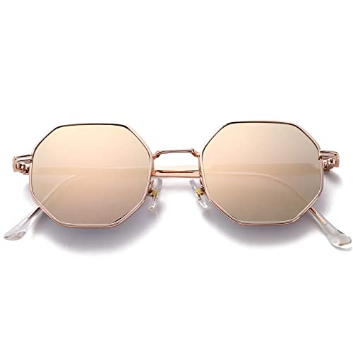 PORADAY Square Sunglasses for Women Men Retro Octagon Metal Sun Glasses Vintage Polygon Shades (Rose Gold) - Image 1