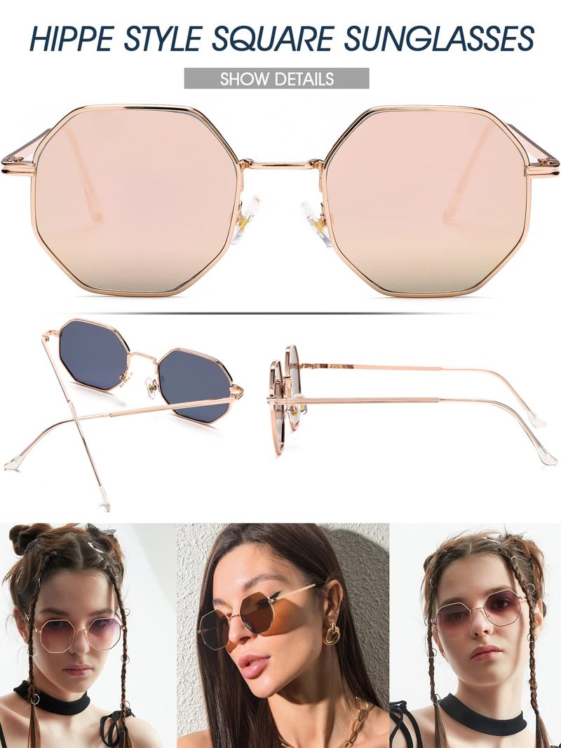 PORADAY Square Sunglasses for Women Men Retro Octagon Metal Sun Glasses Vintage Polygon Shades (Rose Gold) - Image 3