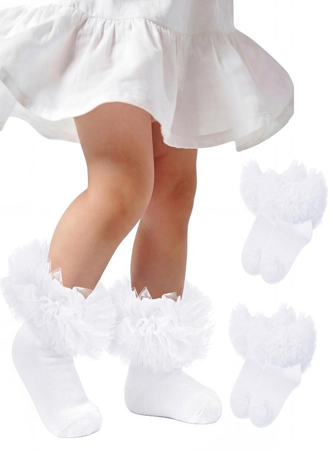 Zando Toddler Ruffle Socks Girls 2T-3T for Easter Outfits Soft Cotton Baby Girls Lace Frilly Socks for Birthday Party, Cute Fluffy Ruffles for Wedding and Photoshoots 1-3T White*2 - Image 1