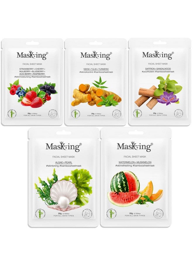 Masking Bamboo Based Strawberry, Neem, Saffron, Algae & Watermelon Glow Face Sheet Mask (Combo Pack of 05) - Image 1