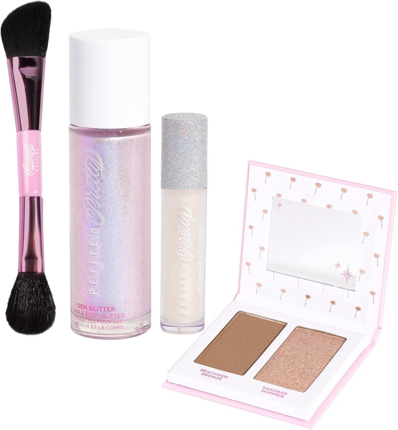 Petite 'N Pretty Petite 'n Pretty Makeup Set for Kids (Silver) - Face & Body Makeup for Kids, Tweens, Teens - Highlighter, Body Shimmer Glitter, Lip Gloss, Makeup Brush, Made in the USA 