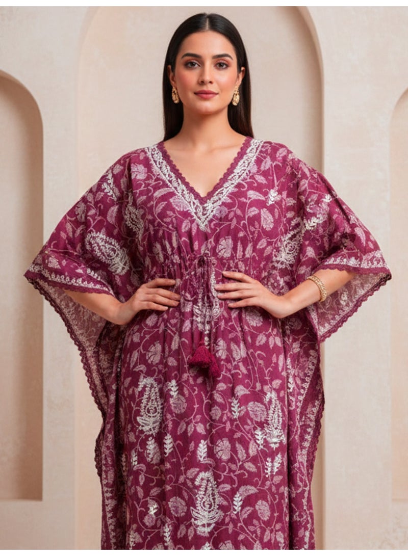 الايا كفتان مطرز يدويًا بتطريز شيكانكاري قطني - Image 4