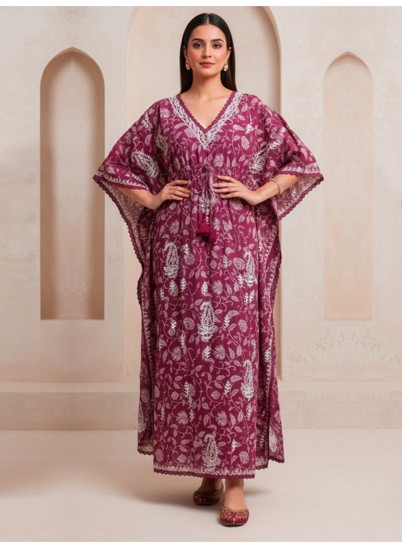 الايا كفتان مطرز يدويًا بتطريز شيكانكاري قطني - Image 3